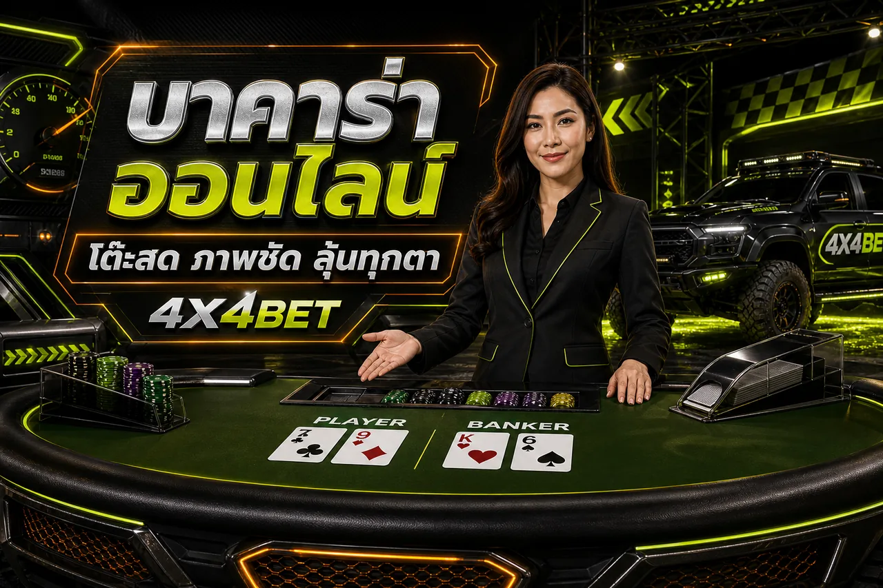 ภาพประกอบบาคาร่าออนไลน์ 4X4BET พร้อมไพ่ ชิป และบรรยากาศเกมโต๊ะ