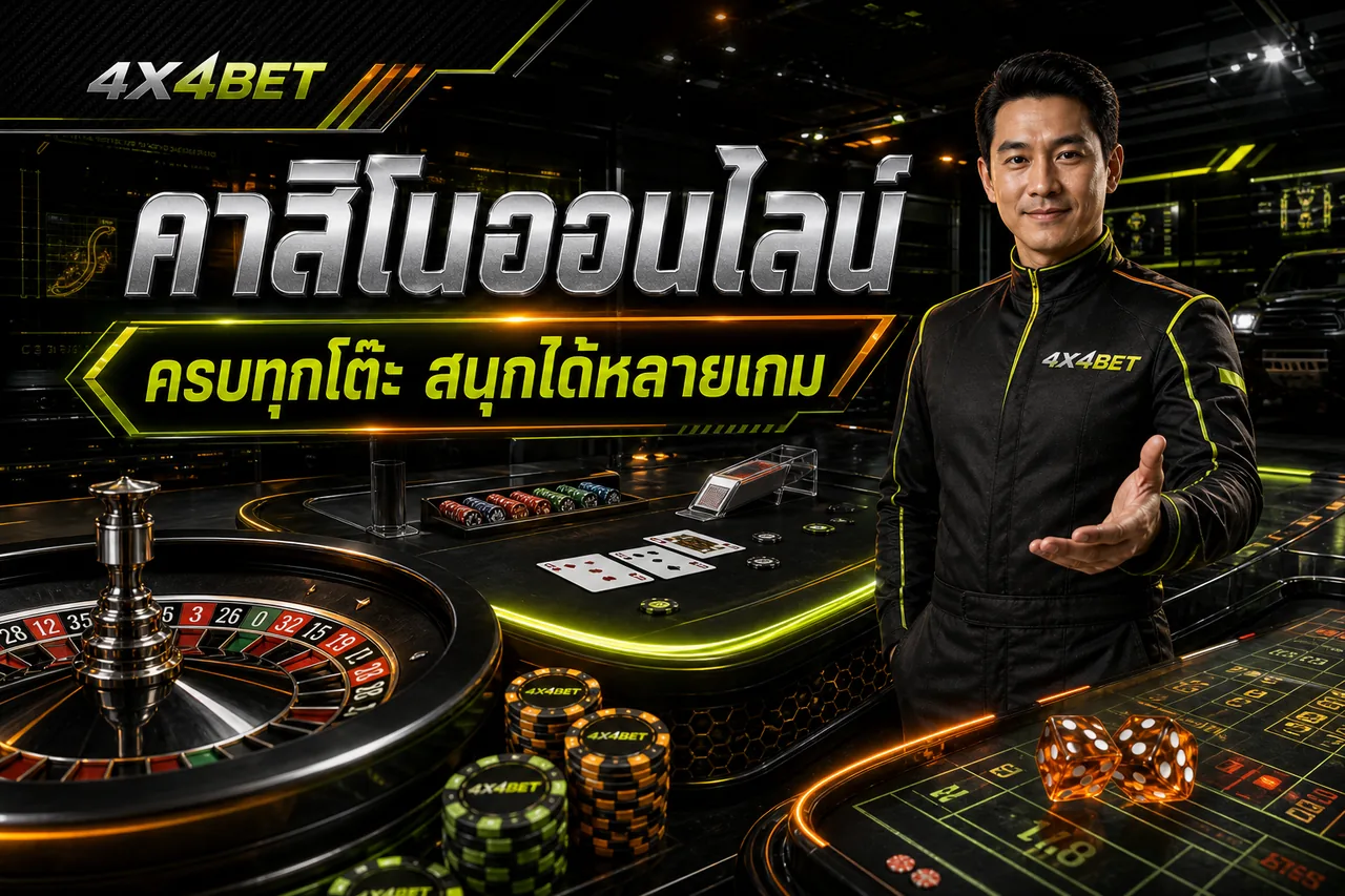 ภาพประกอบคาสิโนออนไลน์ 4X4BET พร้อมไพ่ ชิป และเกมโต๊ะ
