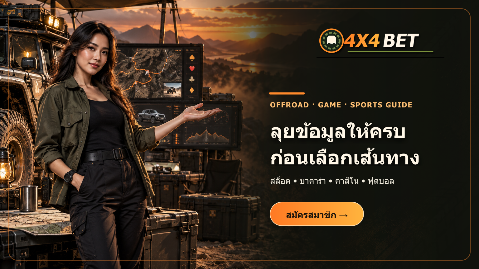 ภาพโฆษณา 4X4BET พร้อมพรีเซ็นเตอร์หญิงและข้อความลุยข้อมูลให้ครบก่อนเลือกเส้นทาง